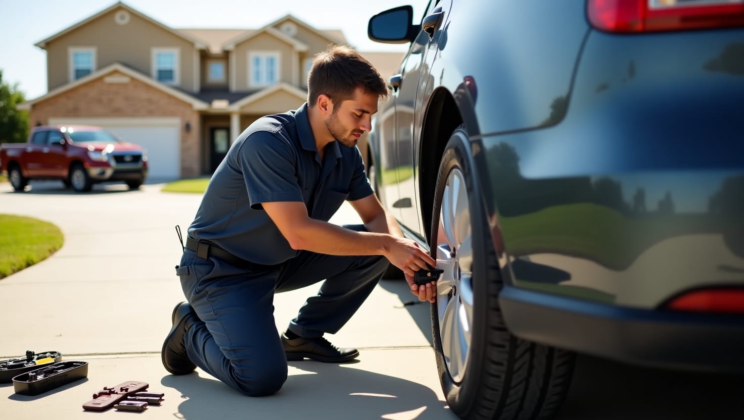 A certified mobile mechanic replacing brake pads on a car parked in a suburban driveway in Lubbock, TX. The mechanic is focused, wearing a clean uniform, with tools laid out neatly nearby. The background features a sunny day, Texas-style houses, and a pickup truck parked across the street. Emphasize professionalism, convenience, and the mobile aspect of the service.